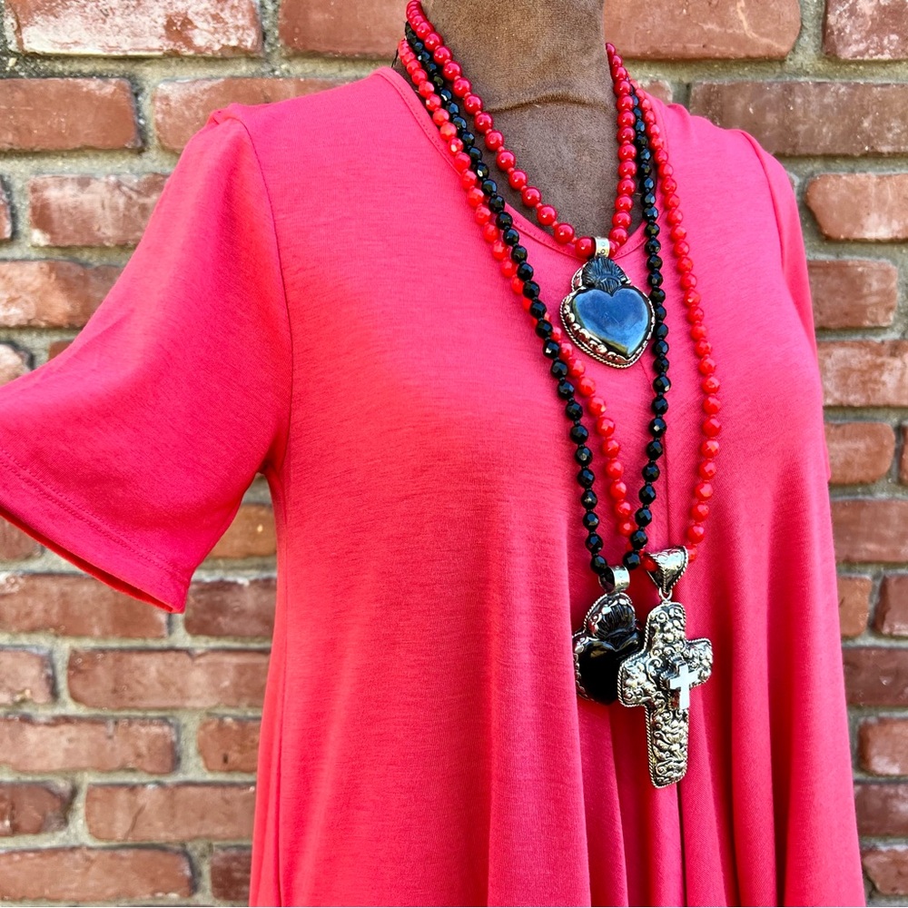 Effortless Women's Coral Red Tone Handkerchief Hem Dress NWOT - Picture 2 of 7